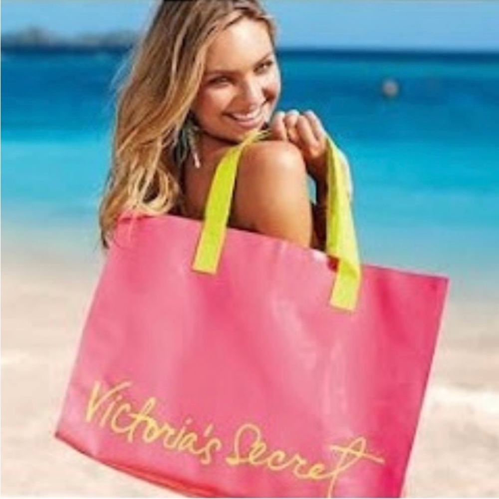 Victoria’s Secret Tote Bag Beach Bag Neon Coral Pink Lime Green Shopper … - Picture 2 of 13